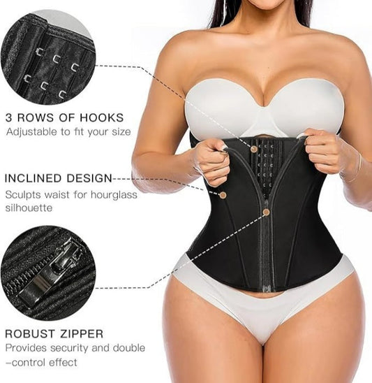 Black waist trainer with features highlighted on a white background