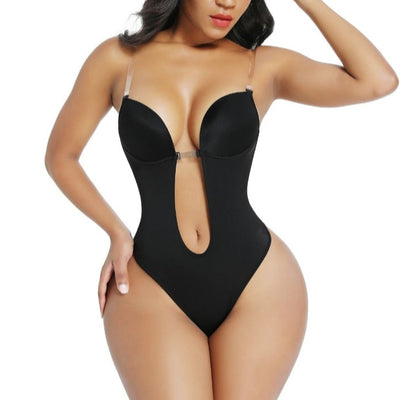 Black bodysuit worn by a model on a white background