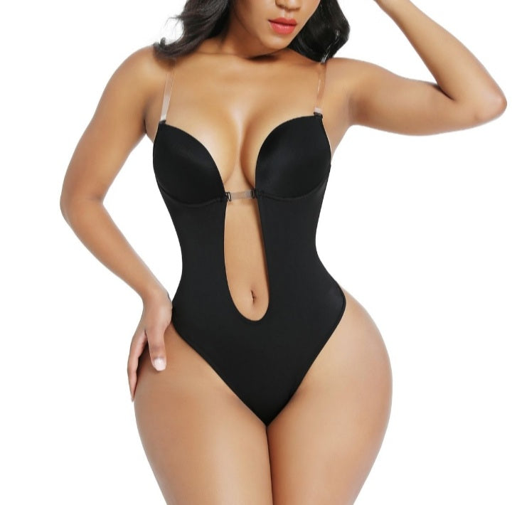 Black bodysuit worn by a model on a white background