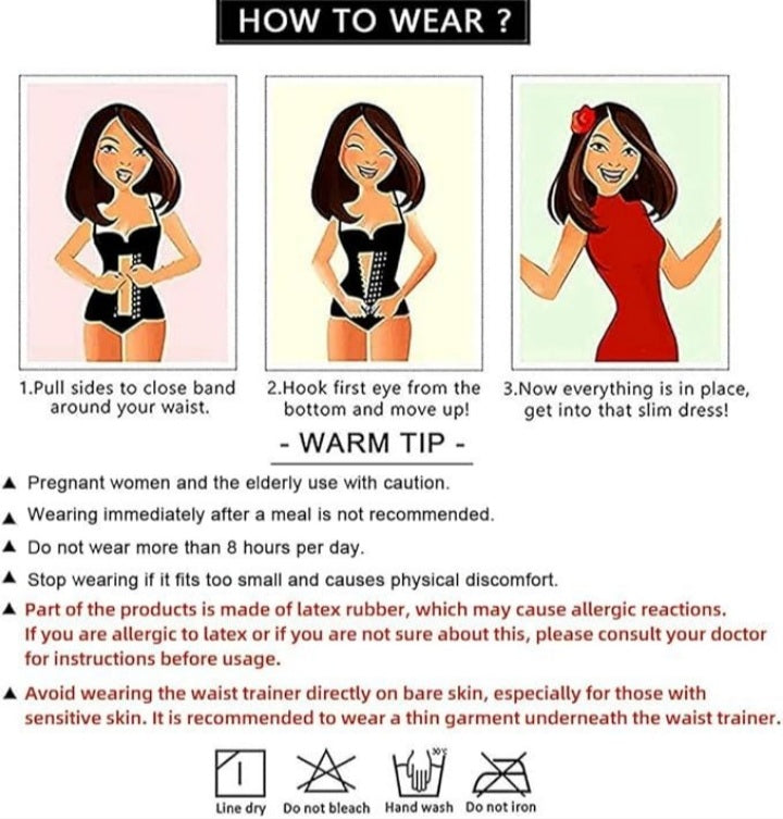 Instructions on how to wear a waist trainer with cartoon illustrations and safety tips.