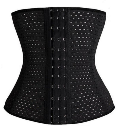 Black waist trainer with mesh design on a white background