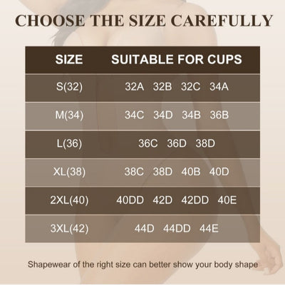 Size chart for shapewear with suitable cup sizes displayed.