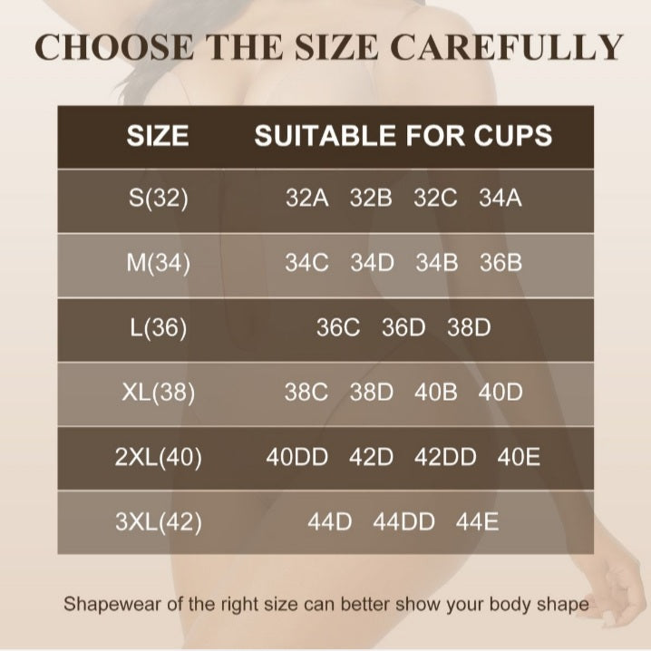 Size chart for shapewear with suitable cup sizes displayed.
