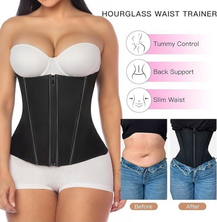 Black waist trainer worn by a model with before and after effects on a white background