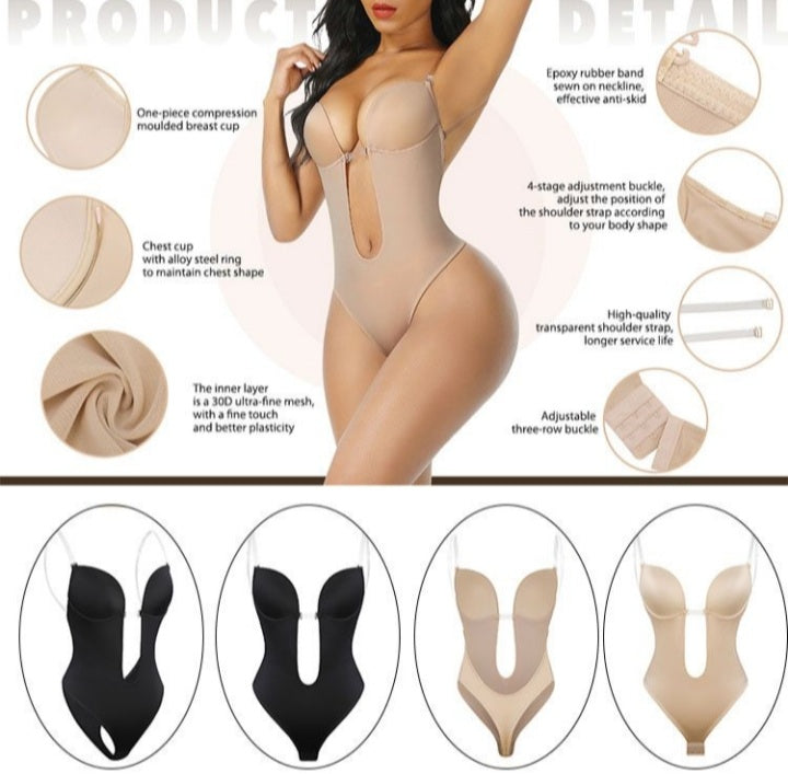 Body shaper with features and color options displayed on a beige background