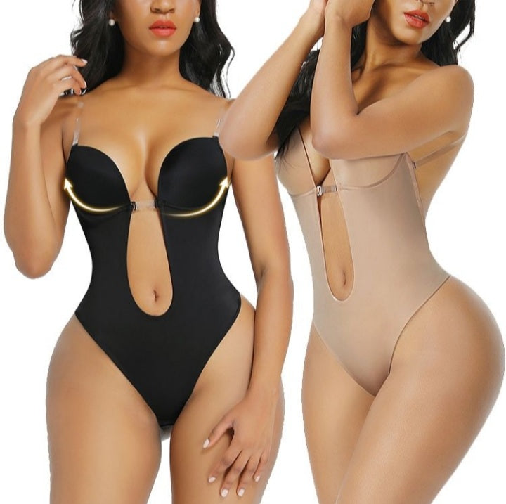 Two women wearing black and beige bodysuits on a white background
